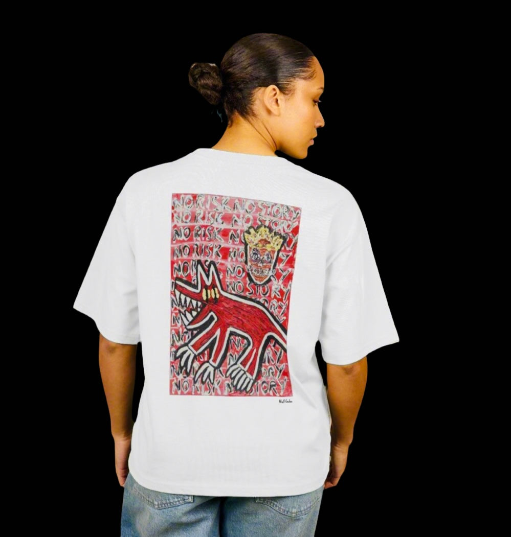 "NO RISK, NO STORY"  WOMEN'S OVERSIZED TEE (REVERSE GRAPHIC) IN WHITE