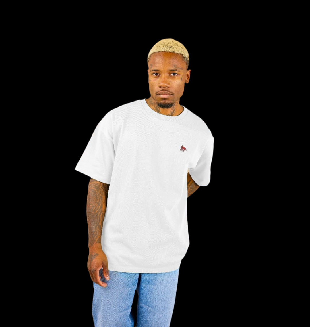 "NO RISK, NO STORY" MEN'S  OVERSIZED TEE (REVERSE GRAPHIC) IN WHITE