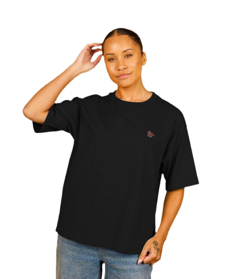 "ALL WE HAVE IS NOW" WOMEN'S OVERSIZED TEE (REVERSE GRAPHIC) IN BLACK