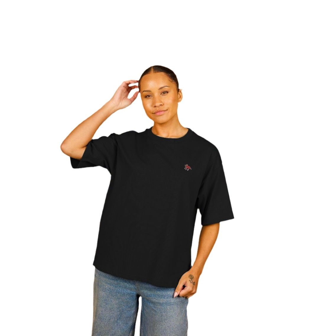 "NO RISK, NO STORY" WOMEN'S OVERSIZED TEE (REVERSE GRAPHIC) IN BLACK