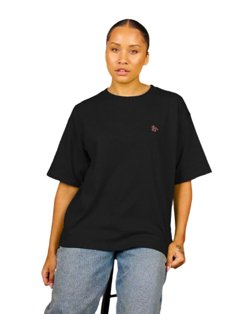 "MORE" WOMEN'S OVERSIZED TEE (REVERSE GRAPHIC) IN BLACK