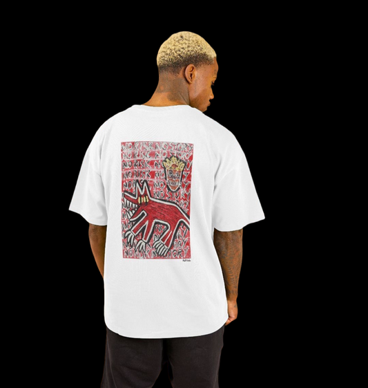 "NO RISK, NO STORY" MEN'S  OVERSIZED TEE (REVERSE GRAPHIC) IN WHITE