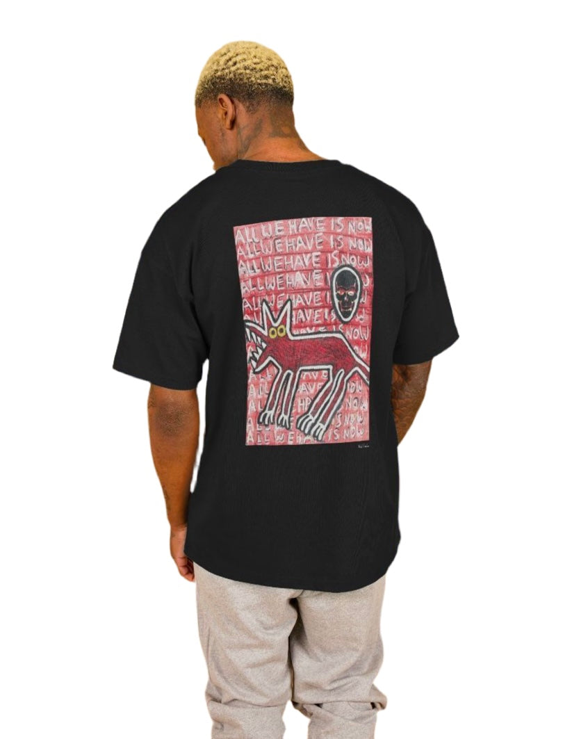 "ALL WE HAVE IS NOW" MEN'S OVERSIZED TEE (REVERSE GRAPHIC) IN BLACK